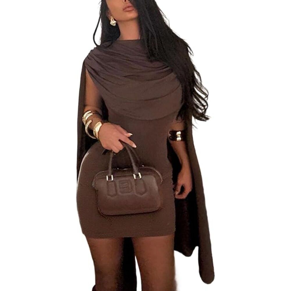 Brown Bodycon Mini Dress Draped Cowl Neck Cape Sleeve Ruched Cocktail Dress